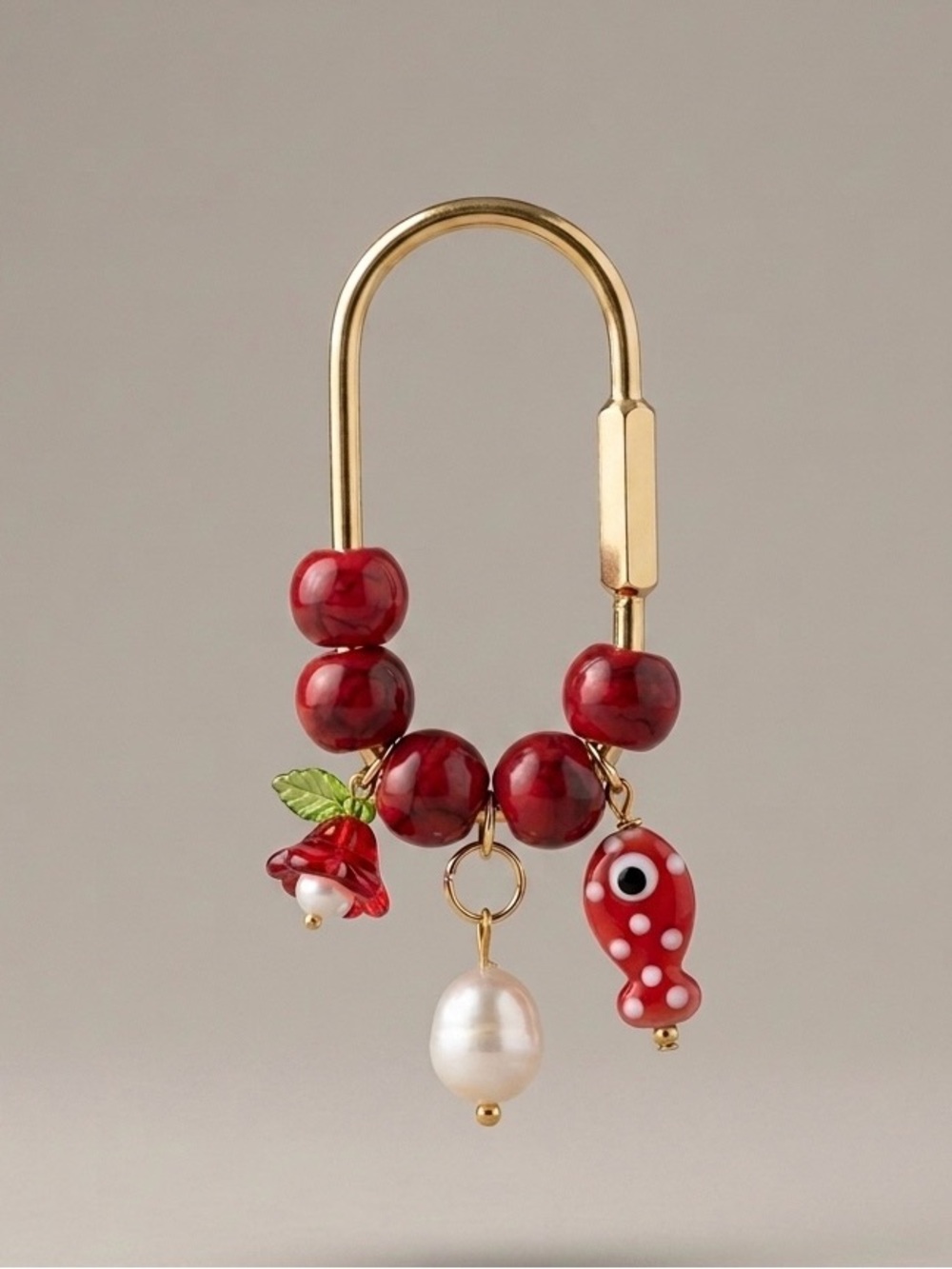 Red & Gold Carabiner Bag Charm Keychain with Fish, Flower and Faux Pearl Charm